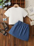 new cross-border girls' round neck knitted top with heavily washed denim bowknot jeans two-piece set