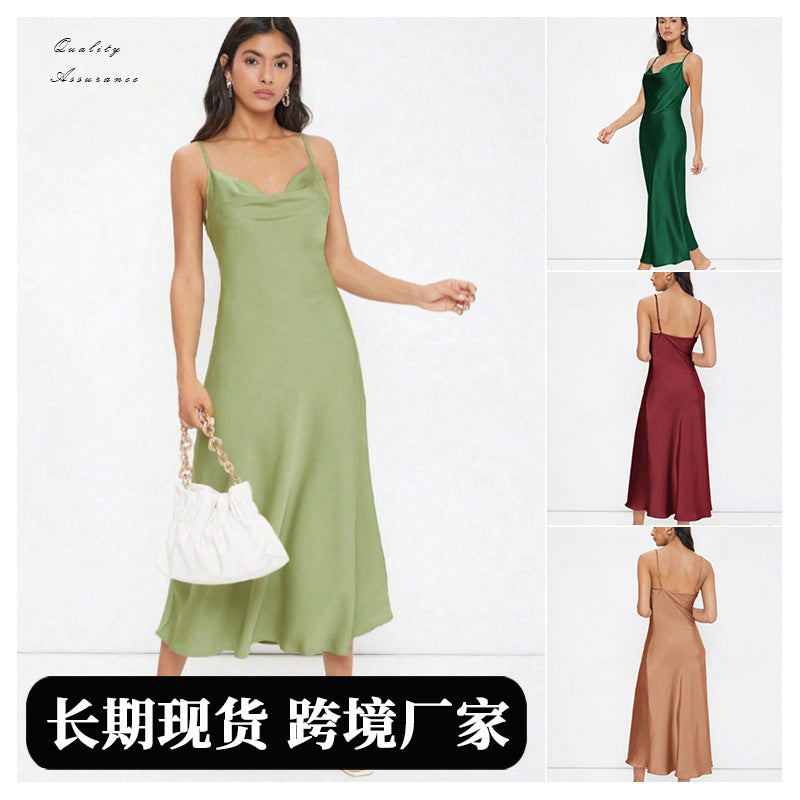 women's fashion: european and american  spring/summer new collection - satin cami dress with deep v-neck, slim fit, and solid color