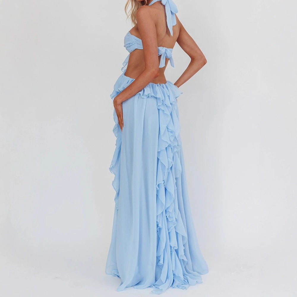 European and american  spring/summer cross-border e-commerce new sexy strappy bandeau backless ruffle maxi dress for women