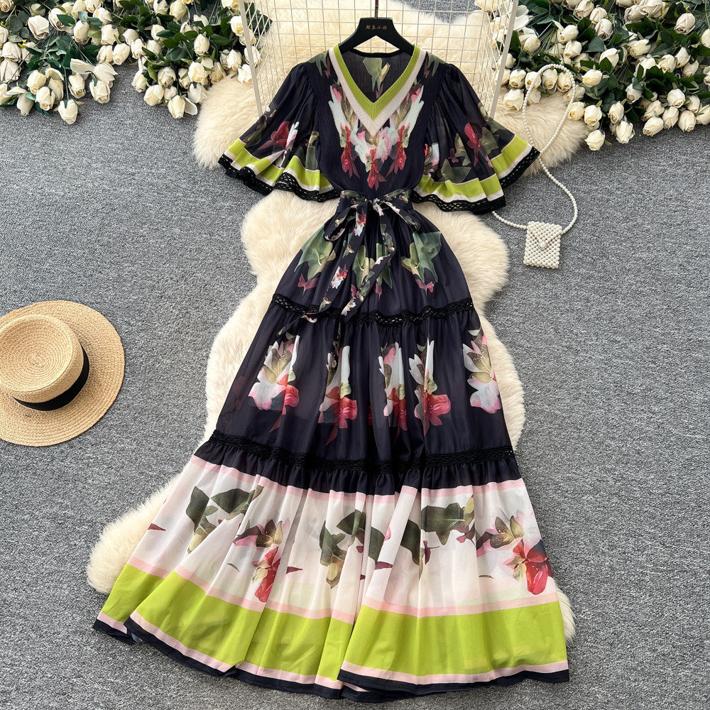 French riviera style printed short-sleeve pleated dress - women's summer v-neck, cinched waist, tie-up maxi dress - high-end, slimming fit