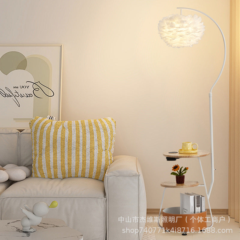 Cream style double layer storage fishing floor lamp gentle white feather lampshade living room sofa side lamp