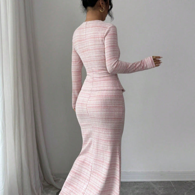 cross-border fashion lapel long-sleeve short plaid blazer & chic tweed dress set