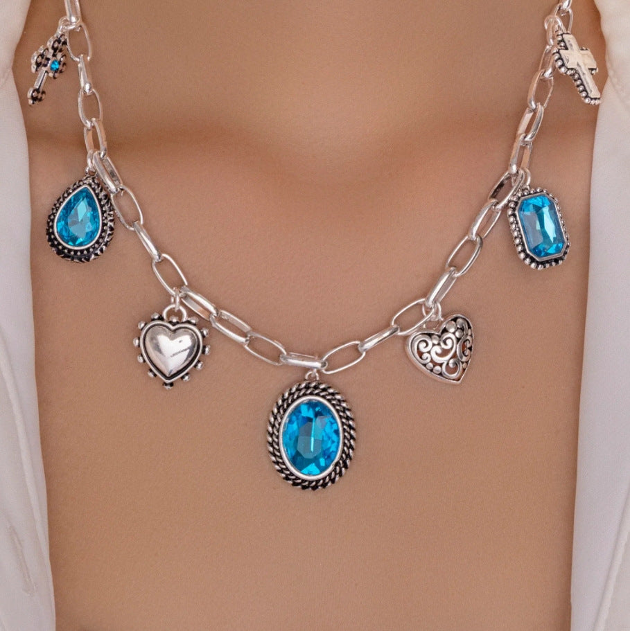 Wholesale blue gemstone necklace - european & american cross-border, light luxury, high-end, baroque heart, teardrop, and cross pendant necklace for women