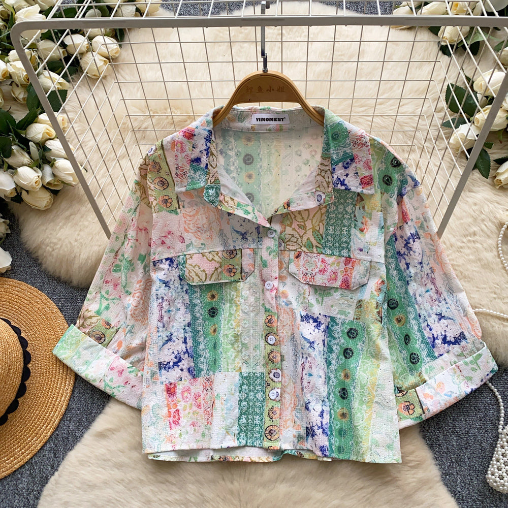 Korean style commute chic color block breathable printed shirt - women's short sleeve casual loose fit cardigan top - elegant summer