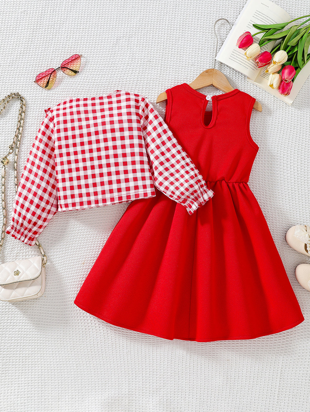 girl suit skirt red vest long skirt plaid doll collar long sleeves outer wear kidstwo-piece set children's skirt