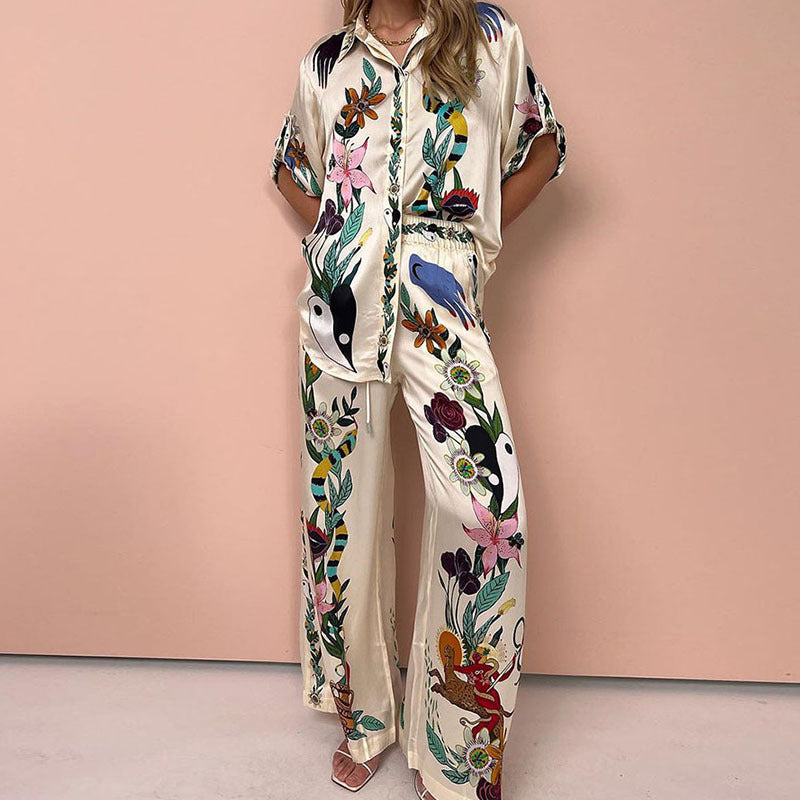 cross-border e-commerce european and american women's clothing: new summer collection - vacation-inspired color block fashion print shirt and wide-leg pants set