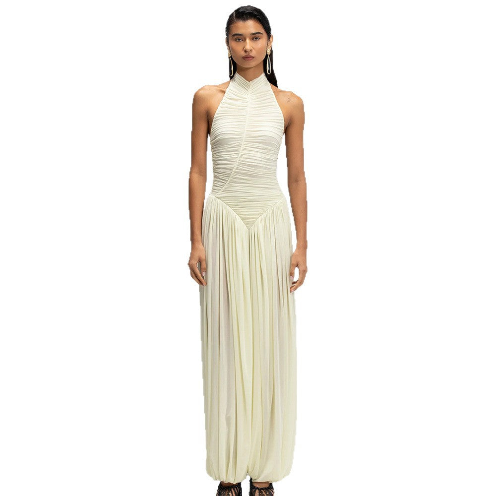 Amazon cross-border women's fashion:  autumn new arrivals - halter neck patchwork jumpsuit with ruched backless design, loose-fit romper for women