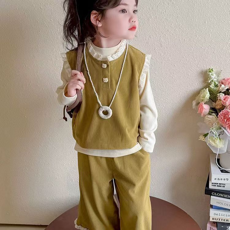 【dropshipping】girls' autumn bowknot vest set - trendy kids' fashion vest with lace wide-leg pants, three-piece outfit