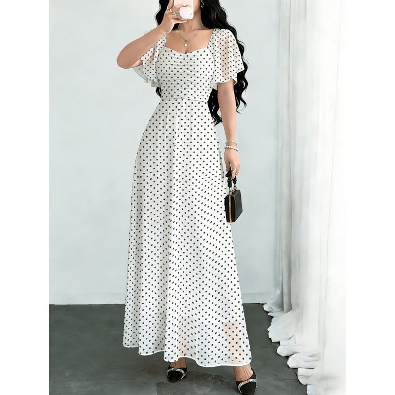 Women's summer new french chic ruffle sleeve fitted waist a-line chiffon maxi dress