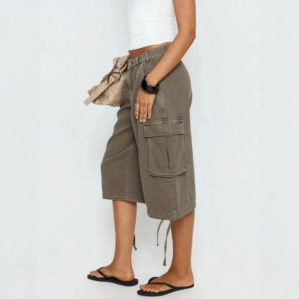 European and american style workwear denim cropped pants - khaki brown, multi-pocket, drawstring, wide leg, vintage washed cropped work pants