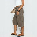 European and american style workwear denim cropped pants - khaki brown, multi-pocket, drawstring, wide leg, vintage washed cropped work pants