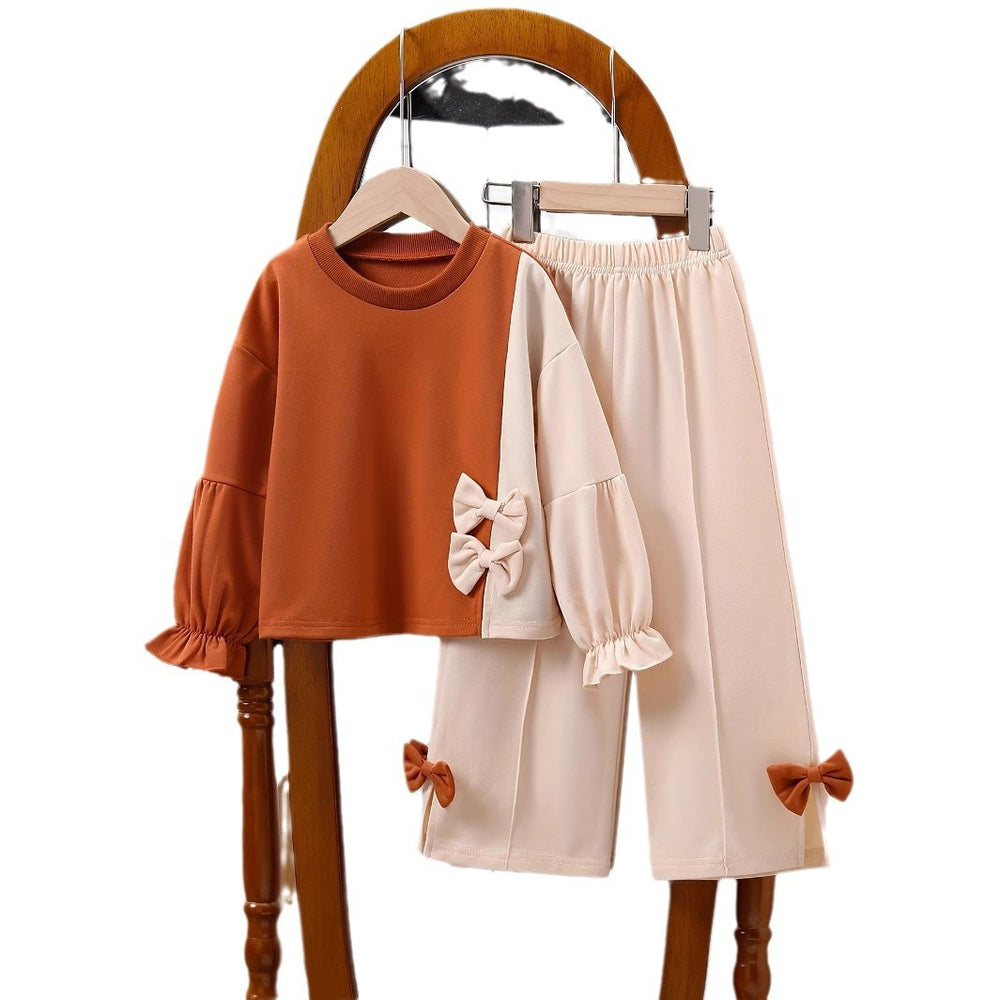 Girls' color block sweatshirt & wide-leg pants set: featuring a bow accent, relaxed fit, crew neck, and elastic cuffs