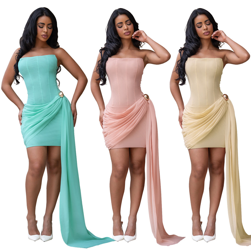 C7708 cross-border   fashion women's sexy bandeau backless ribbon mini dress