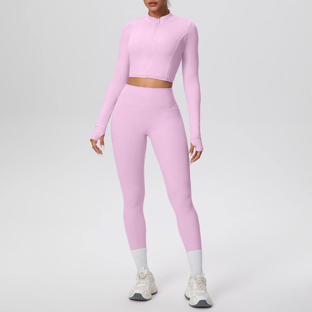 Cropped zip-up yoga set: high-waisted, butt-lifting leggings with pockets - perfect for running, fitness, and casual wear