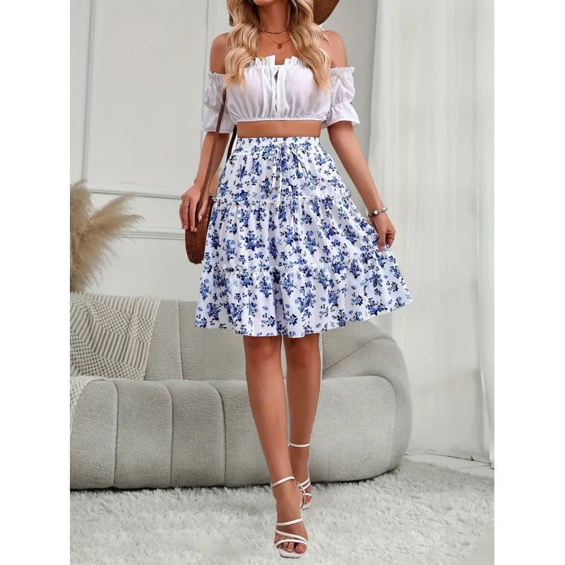 Shipped  fashion cross-border summer florals elastic waist skirt knee layered hem a-line skirt