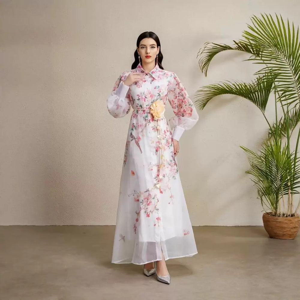 Vintage court style printed bubble sleeve dress - women's autumn tie-waist unique beautiful ethereal maxi dress