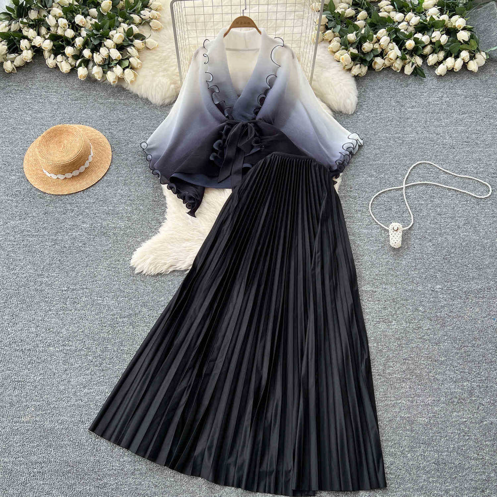 Fashion pleated suit women's strappy waist gradient color pressed pleated cardigantopshigh waistpleated skirttwo-piece set