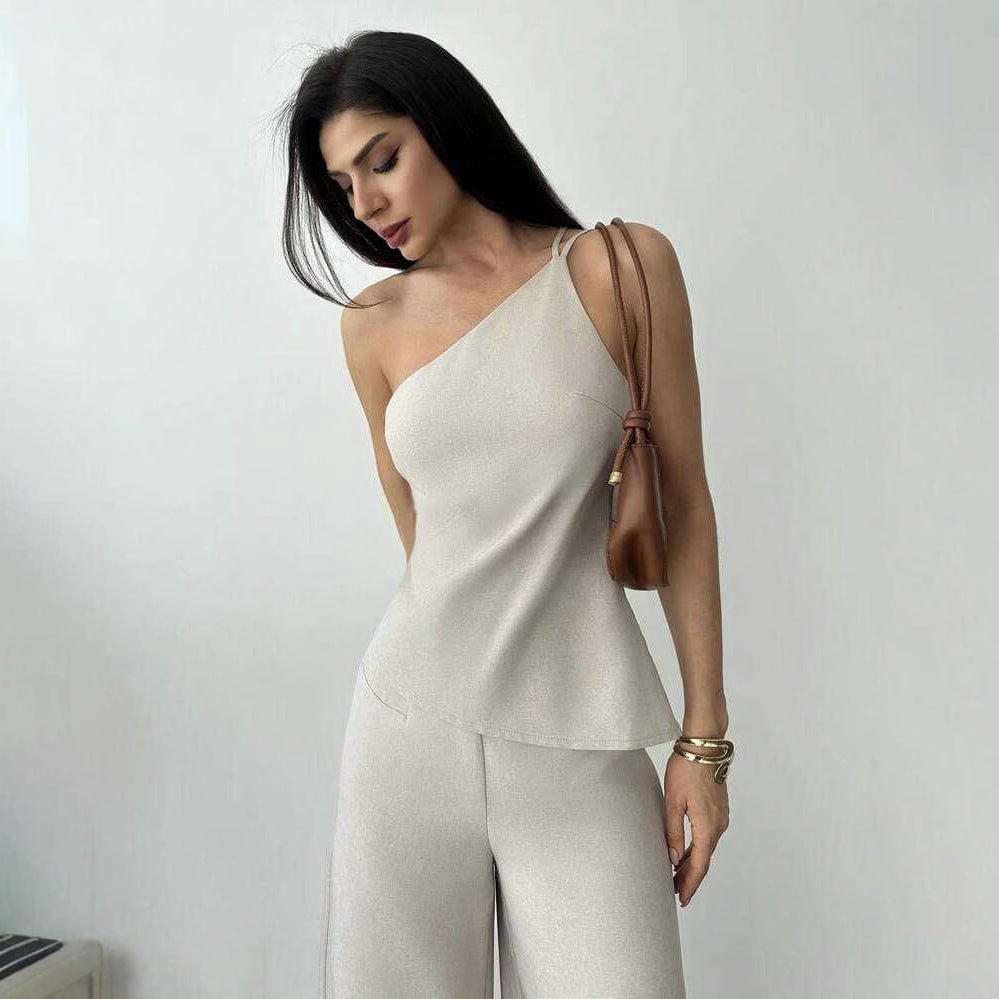 european and american cross-border summer new arrival: asymmetrical ruffle backless top and high-waisted pants two-piece set for women