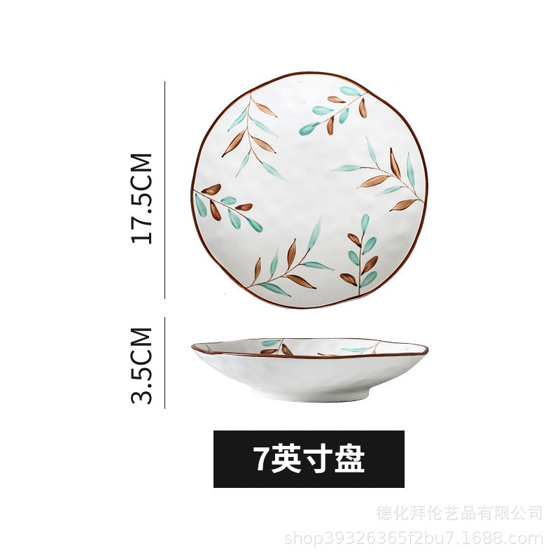 Nordic hand-painted leaf ceramic dinnerware set - includes plates, bowls, and dishes with handles for home use: dinner plates, vegetable plates, fish plates, noodle bowls, and snack dishes