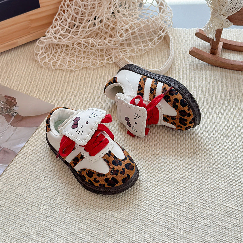 Kitty flip-top German training shoes 2025 spring and autumn new Korean version of girls' leopard print Forrest Gump shoes soft-soled sports shoes
