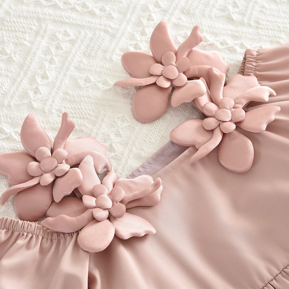 Autumgirldress cross-border foreign trade new arrivalsweet pink stereo flower suspender off-shoulder long sleevesdress
