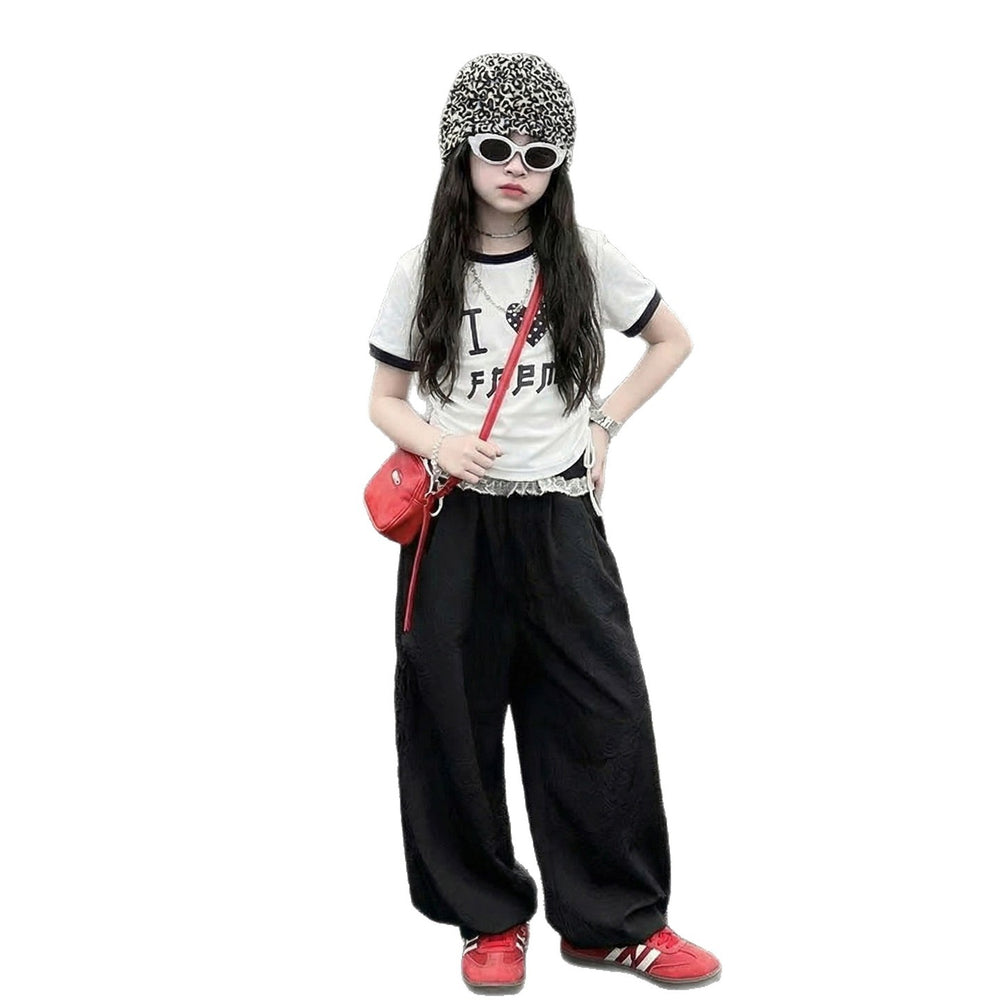 Girls' two-piece set: new  collection for mid-to-large children - short-sleeved, lightweight summer outfit with loose-fit casual pants and wide-leg trousers