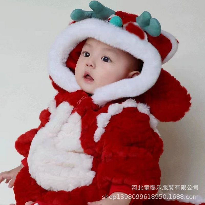 Infant and toddler festive new year's outfit, first birthday outfit, winter baby clothes, baby new year's greetings outfit, winter fleece-lined and thickened onesie