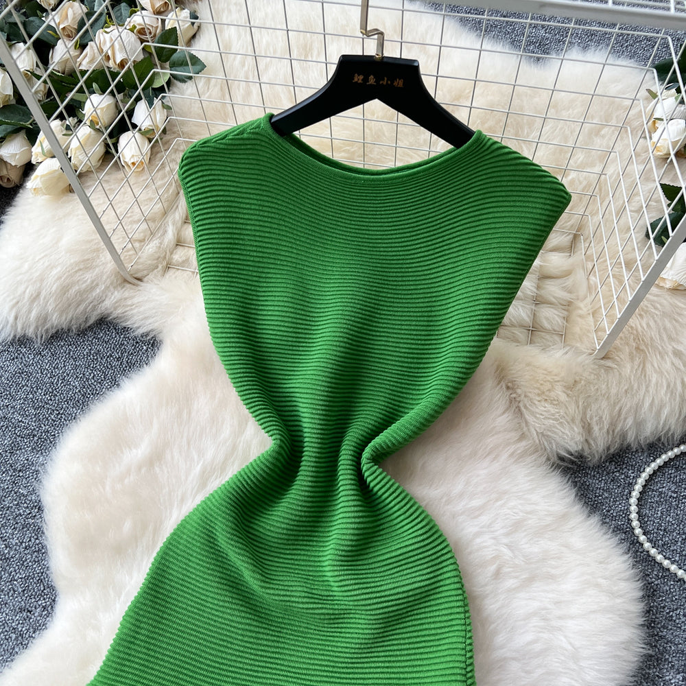 European and american light luxury socialite style sleeveless knitted dress - women's summer pleated patchwork slim fit elegant long dress