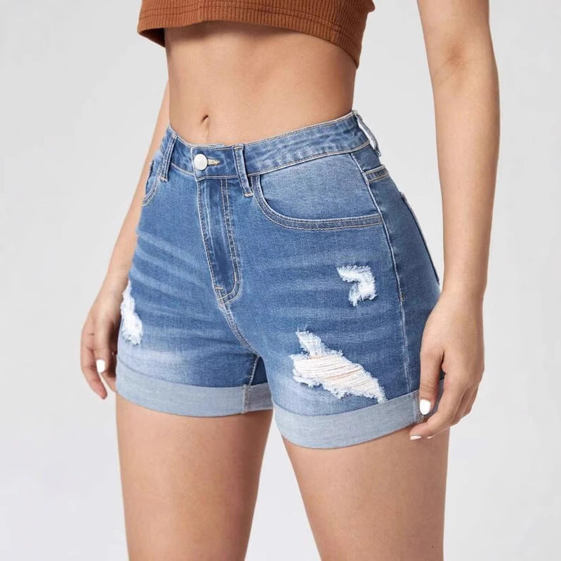 Amazon distressed denim shorts for women - summer hot seller, ins trendy high-waisted rolled hem shorts, washed stretch jeans
