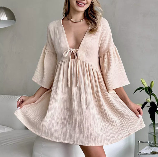 Pure cotton pajamas women's European and American  seven-quarter-sleeved pajamas to wear outside, home loose casual dresses 2024 hot models