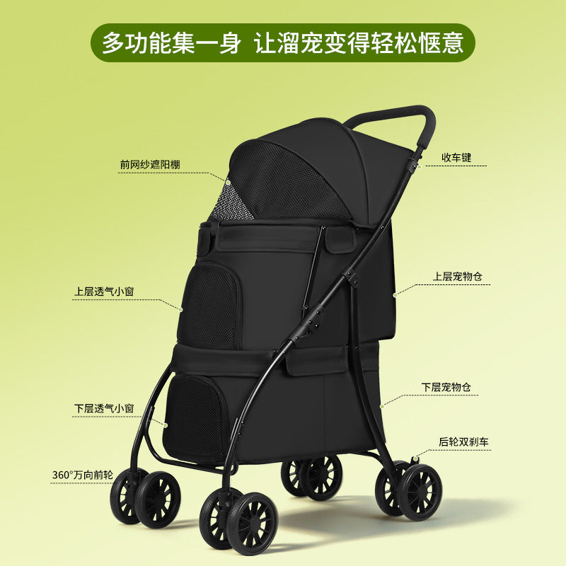 Double-layer pet stroller - lightweight, foldable, for small to medium dogs and cats - outdoor walking cart for dogs and cats