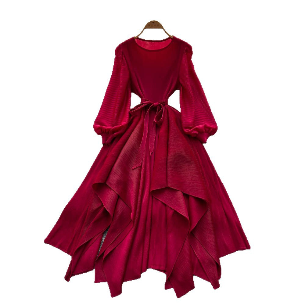 Miya pleated european and american dress women's  new arrivalsense of design asymmetrical strap waist pleated draped long skirt
