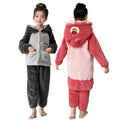 Girls' cartoon strawberry bear hooded pajamas - winter home wear two-piece set - warm, fleece-lined, and extra thick (sizes for toddlers to big kids)
