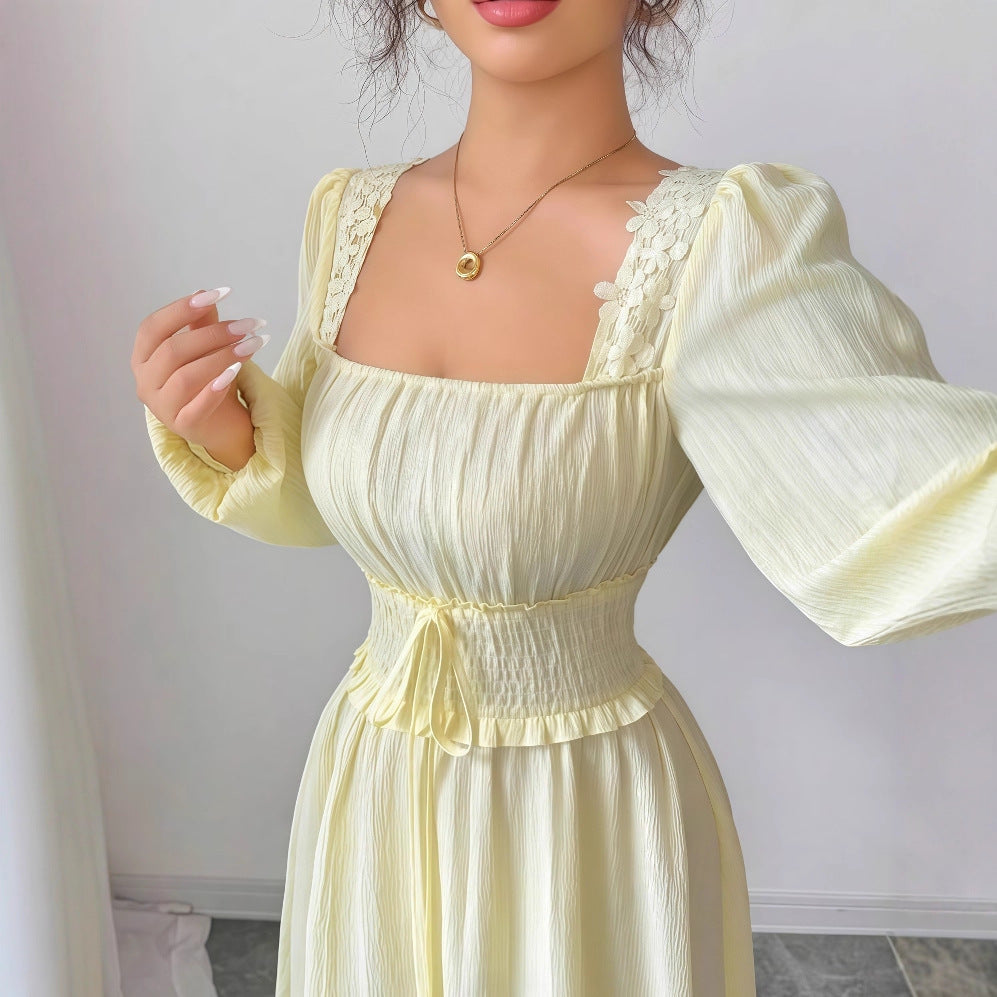 European and american cross-border women's fashion:  early autumn new arrival - solid color long sleeve u-neck lace trim patchwork cinched waist maxi dress