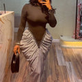 European and american cross-border women's fashion:  spring new arrival - elegant round neck, slim-fit, panelled, pleated, bodycon maxi dress