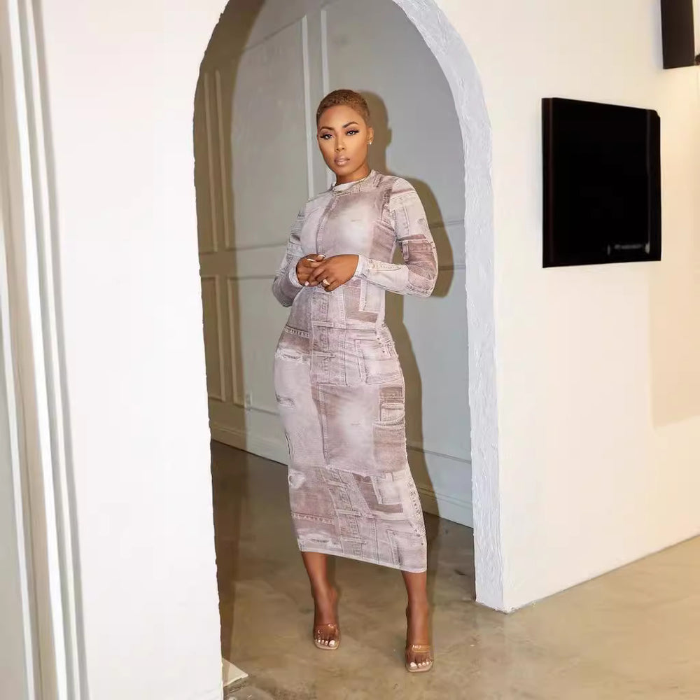 cross-border fashion: european & american autumn women's printed round neck long sleeve bodycon midi dress