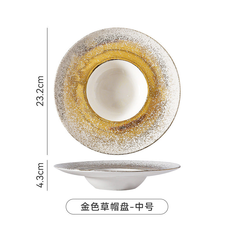 Nordic gradient sprayed high-value light luxury ceramic western food pasta plate, straw hat plate, restaurant hotel business straw hat plate