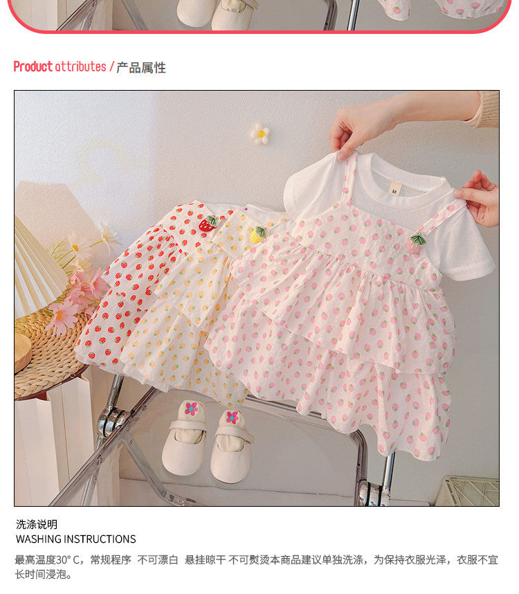 summer cute kids' clothing baby toddler cartoon strawberry print faux two-piece girls' versatile short-sleeve dress