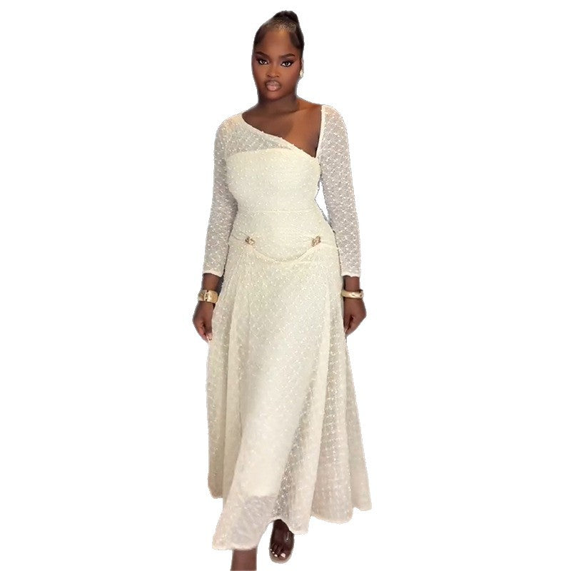 European and american women's clothing  autumn new sweet and fresh one-shoulder long sleeve high-waisted slimming a-line maxi dress