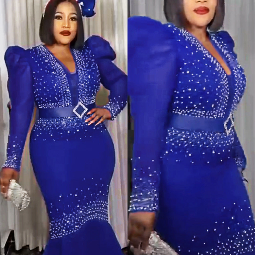 new european and american style sexy rhinestone embellished bodycon dress african women's plus size  floor-length maxi dress
