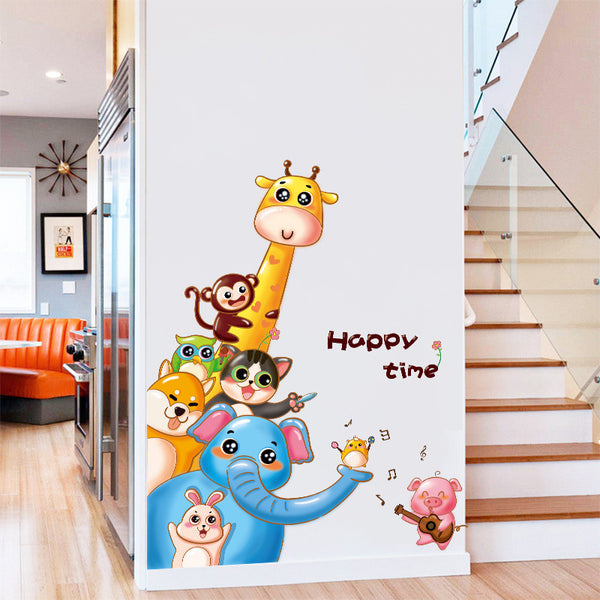 Creative cartoon animals happy hour self-adhesive wall sticker children's room living room entrance corridor decorative sticker XH9306