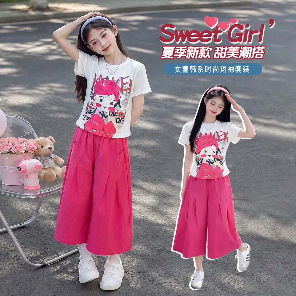 Girls' summer outfit : trendy and stylish short-sleeve two-piece set for girls (sizes for mid-to-large children) - dopamine summer collection