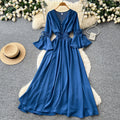 Vintage chic lantern sleeve v-neck tie-up dress - spring korean style women's red slimming waist elegant maxi dress