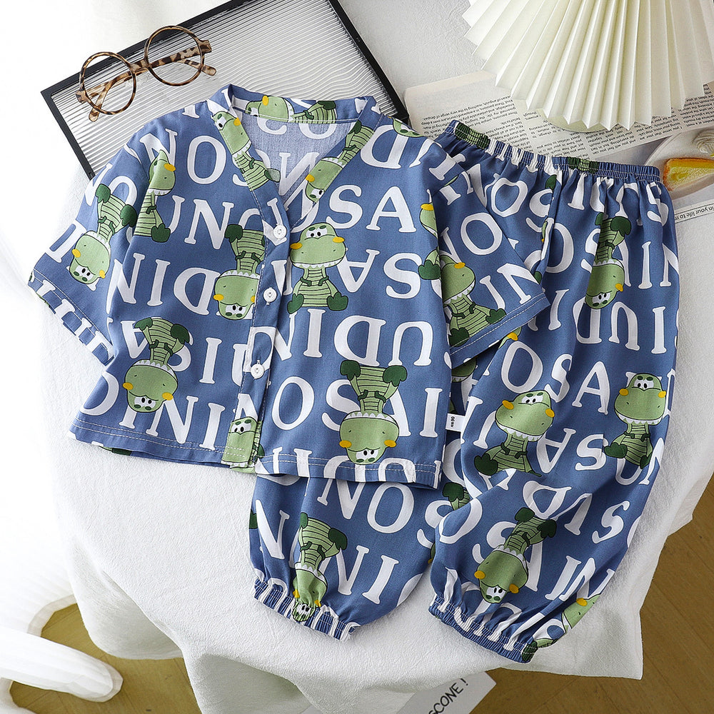 Kids' cotton linen pajama set - summer boys' and girls' sleepwear - rayon two-piece set - cotton linen air conditioning suit - children's clothing