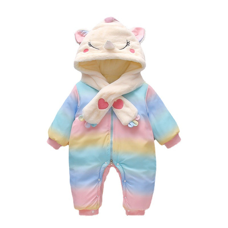 Winter infant cartoon fleece-lined thickened outdoor cotton-padded jumpsuit for baby boys and girls - trendy, warm, and extra thick