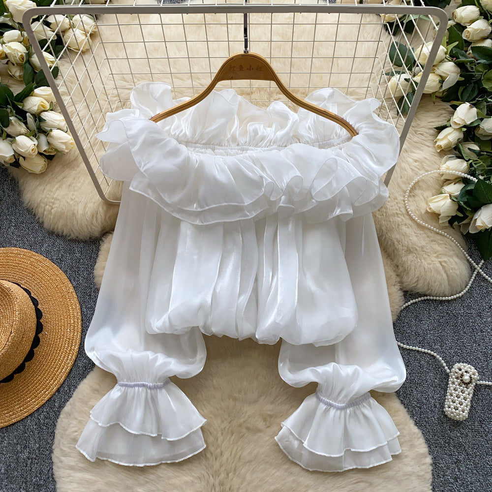 Sweet style one shoulder fungus chiffon shirt women's summerk-stylelong sleeveslooseslimming lookpinkeleganttops