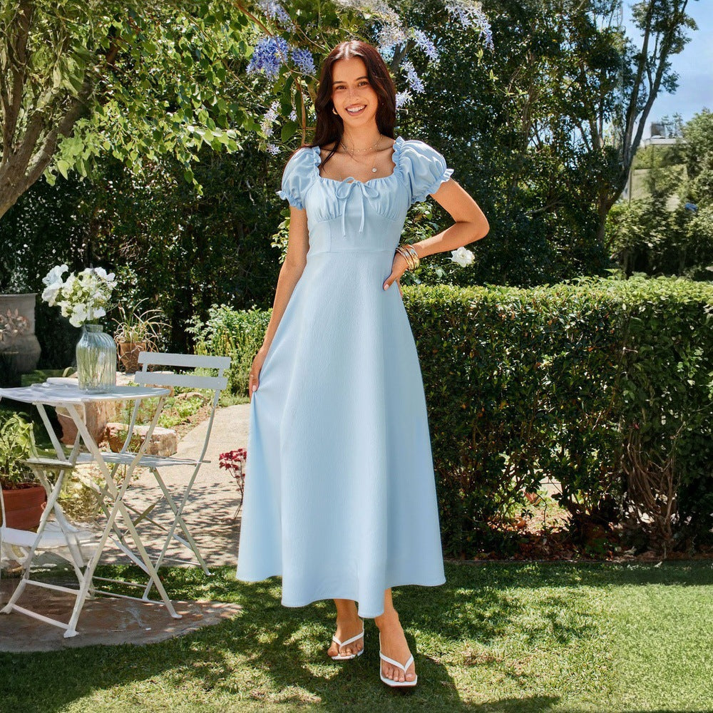 Summer women's solid color elegant dress -  export square neck tie-waist a-line midi dress