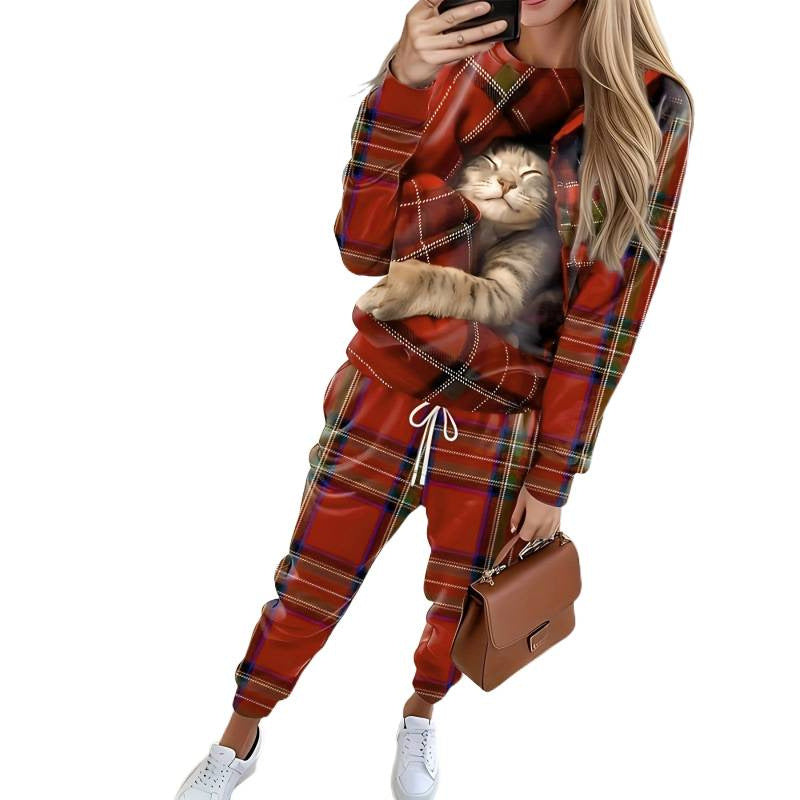 women's plaid cat print plus size two-piece outfit: long sleeve crewneck top and drawstring sweatpants