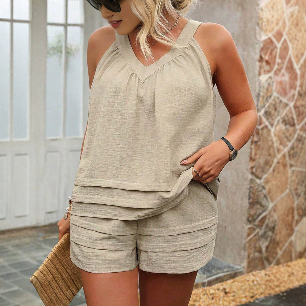 plus sizepure colortwo-piece setv neckhalterloose belly-covering vest texture layeredcasual