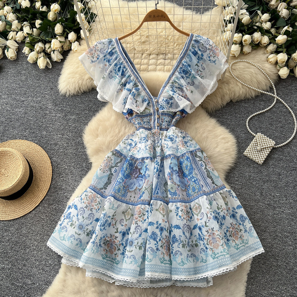 French riviera v-neck ruffle sleeve floral dress - women's summer princess style slimming a-line mini dress